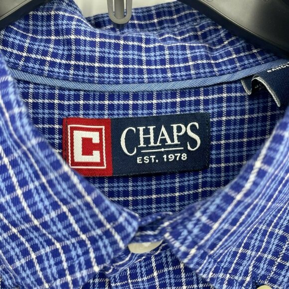 Chaps Shirt Men's L Blue White Plaid Front Patch Pocket Long Sleeves Button Down - Picture 6 of 10